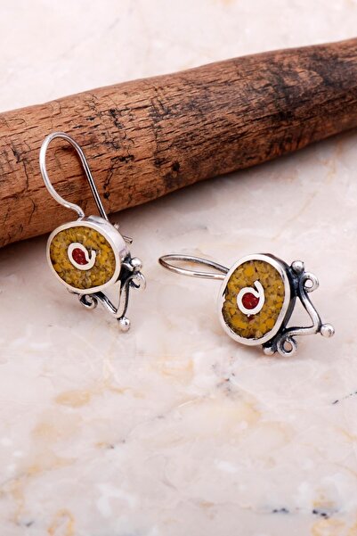 Sümer Telkari Antik Mozaik İşlemeli Sarı Kuvars Taşlı Gümüş Küpe 6077