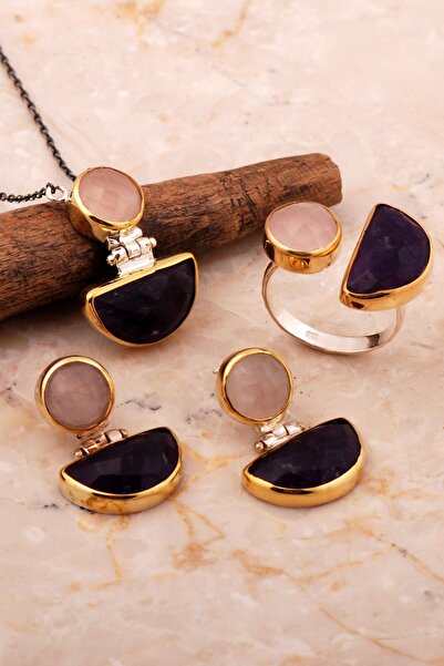 Sümer Telkari Ametist ve Pembe Kuvars Taşlı Tasarım Elişi Gümüş Set 2790