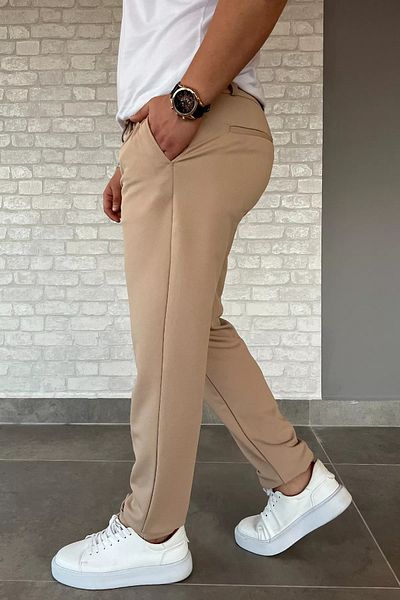 MİSHAR İTALİA Μπεζ ανδρικό παντελόνι Jogger με ελαστική μέση διπλό πόδι