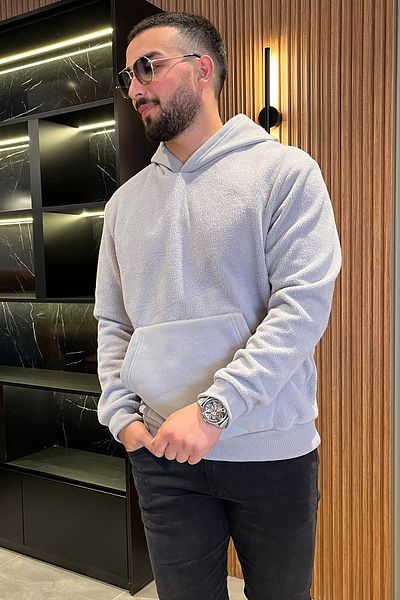 MİSHAR İTALİA Γκρι ανδρικό φούτερ με κουκούλα καγκουρό τσέπης φλις