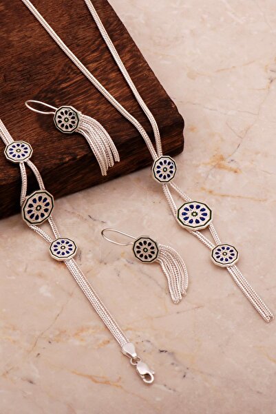 Sümer Telkari Anadolu Motifli Mineli Hasır Elişi Tasarım Gümüş Set 2678