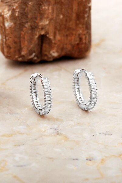 Sümer Telkari 18 Mm Baget Taşlı Rodyumlu Gümüş Halka Küpe 7030