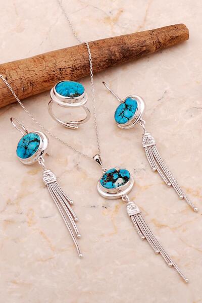 Sümer Telkari Turkuaz Taşlı Hasır Püsküllü Rodyumlu Elişi Gümüş Set 2812