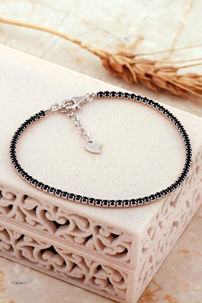 Sümer Telkari Su Yolu 2 Mm Oniks Taşlı Rodyumlu Gümüş Bileklik 4645