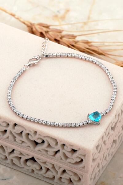 Sümer Telkari Akuamarin Taşlı Işıltılı Kalp Su Yolu Rodyumlu Gümüş Bileklik 4653