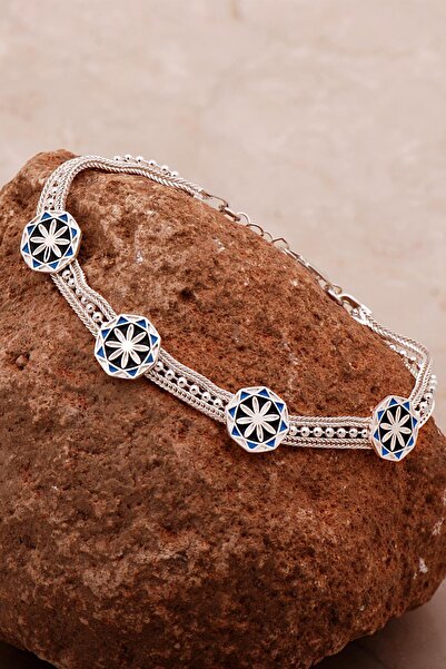 Sümer Telkari Anadolu Motifli Mineli Hasır Elişi Tasarım Gümüş Bileklik 4350