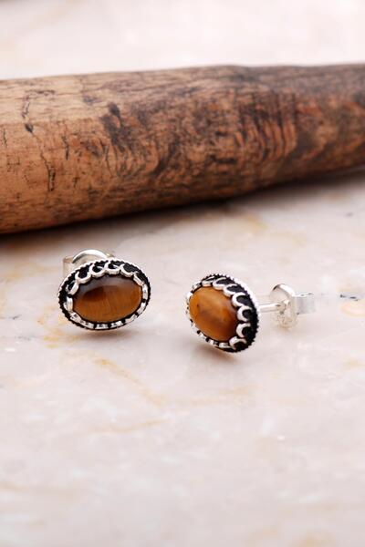 Sümer Telkari Kaplan Gözü Kahverengi Taşlı Elişi Gümüş Küpe 6047