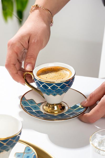 Porsima Marakesh Gold Gilded 6-Person Cup Set 12-Piece Turkish Coffee Set Coffee Cup