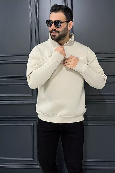 MİSHAR İTALİA Ανδρικό φούτερ με μπεζ όρθιο γιακά με μισό φερμουάρ και τρεις κλωστές