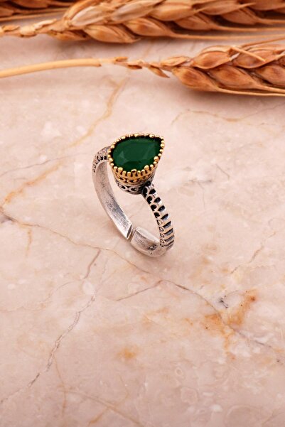 Sümer Telkari Zümrüt Taşlı Elişi Damla Tasarım Gümüş Yüzük 3759