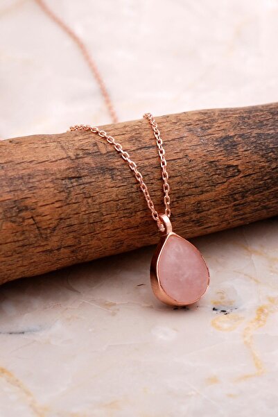 Sümer Telkari Doğal Pembe Kuvars Taşlı Damla Mini Rose Gümüş Kolye 7752
