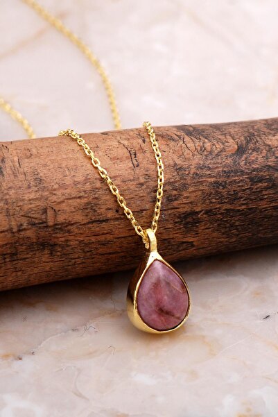 Sümer Telkari Doğal Rodonit Taşlı Damla Mini Altın Yaldızlı Gümüş Kolye 7732