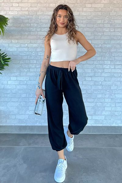 GÜLSELİ Pantaloni negri cu nervuri cu picioare elastice