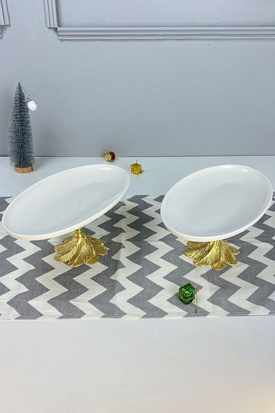 MAY HOME 2-Piece Porcelain Kand Footed Oval Plate & Presentation Service Appetizer Plate