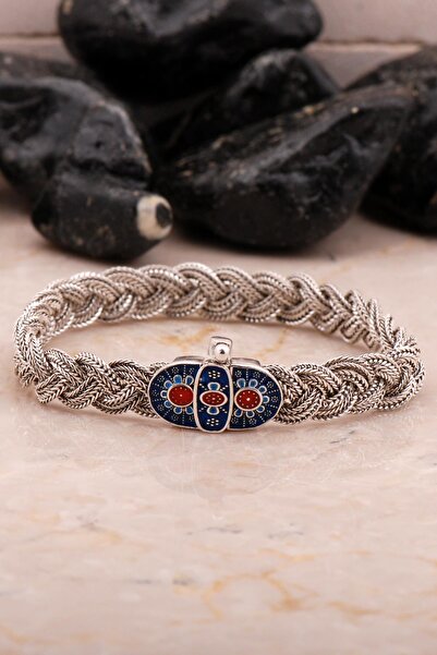 Sümer Telkari Midyat Hasır Örme Mineli Oksitli 925 Ayar Gümüş Bileklik 4547