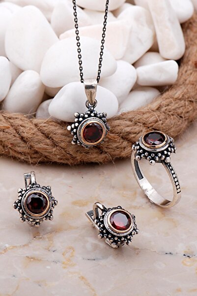 Sümer Telkari Granat Taşlı Gümüş Set 2564