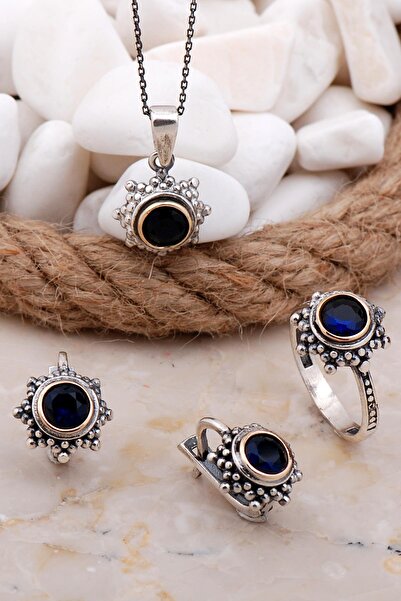 Sümer Telkari Safir Taşlı Gümüş Set 2574