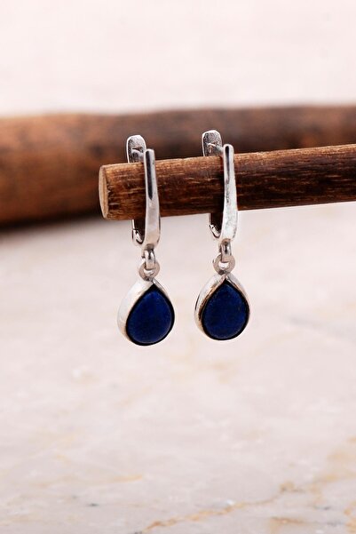 Sümer Telkari Doğal Lapis Lazuli Taşlı Damla Mini Rodyumlu Gümüş Küpe 5867