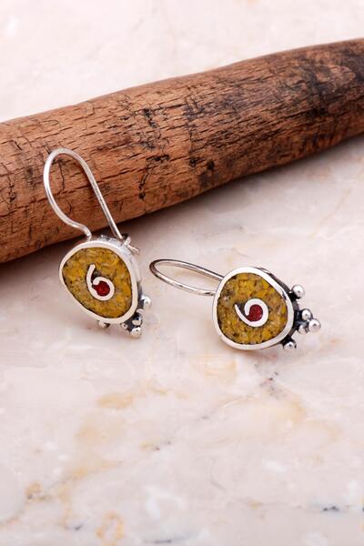 Sümer Telkari Antik Mozaik İşlemeli Sarı Kuvars Taşlı Gümüş Küpe 6071