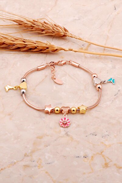 Sümer Telkari Kalp Tasarım Mineli Rose Gümüş Şans Bileklik 4531