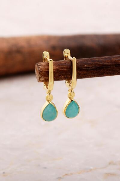 Sümer Telkari Doğal Amazonit Taşlı Damla Mini Altın Yaldızlı Gümüş Küpe 5862