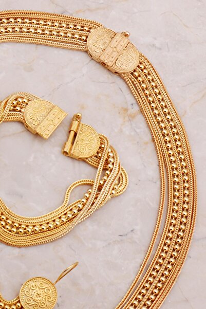 Sümer Telkari Midyat Hasırı Tasarım Elişi Altın Kaplama Gümüş Set 2669