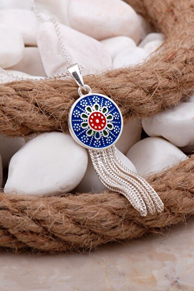 Sümer Telkari Anadolu Motifli Mineli Tasarım Gümüş Kolye 7802