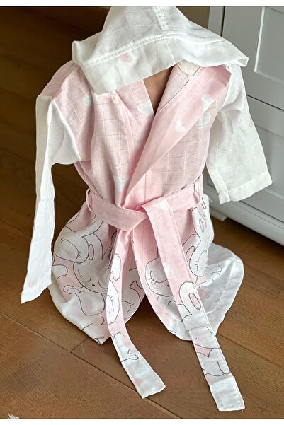 Shopiole Müslin Kapşonlu Çocuk Bornoz Banyo ve Plaj Çocuk Bornozu /5-6 Yaş Pe...