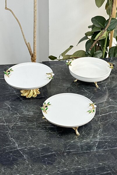 MAY HOME 3 Parça Porselen Gümüş Servis & Sunum & Meze & Tatlı Kasesi Tabak Ka...