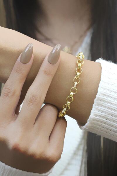 Sümer Telkari Altın Yaldızlı Gümüş Taşlı Doç Zincir Bileklik 3517