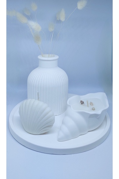 Porta blu 4'lü set Çizgili Beyaz Vazo + Deniz Kabuğu Mum + İstiridye mum + Yu...