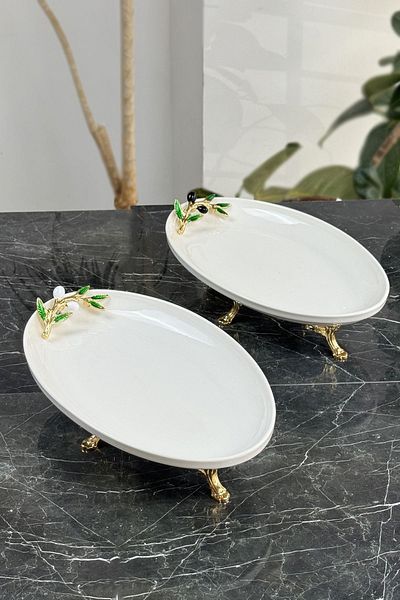 MAY HOME Oval Porcelain Presentation and Appetizer Plate Set - 2-Piece Footed Catering