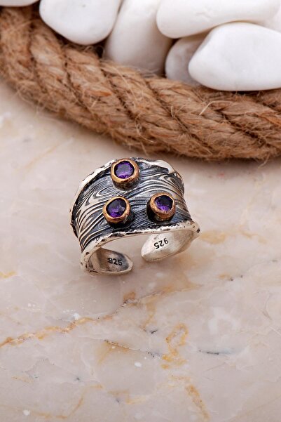 Sümer Telkari Ametist Taşlı Çekiç Dövme Elişi Gümüş Yüzük 3619