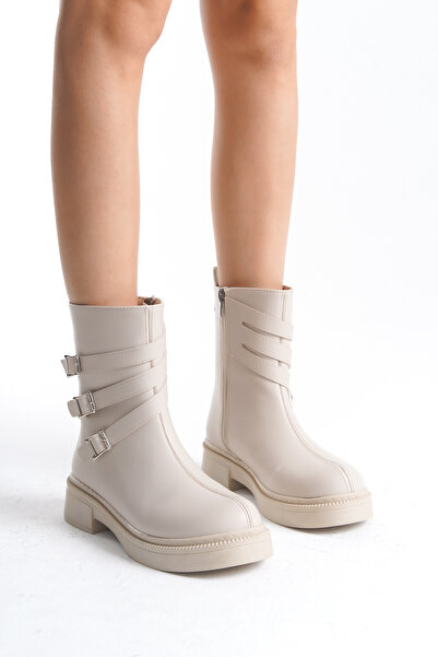 Limeo Women's Beige Boots with Three Buckle Detail on the Side, Zippered, Low Sole