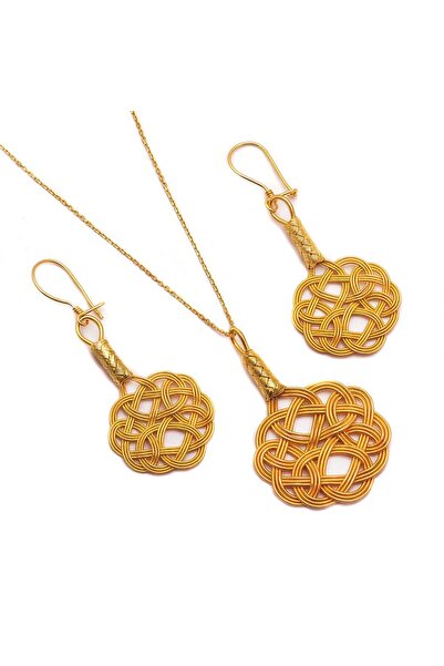 Sümer Telkari Aşk Düğümü Altın Yaldızlı Kazaziye El Sarması Gümüş Set 1108