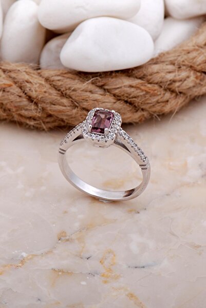 Sümer Telkari Ametist Taşlı Baget Rodyumlu Gümüş Yüzük 3538