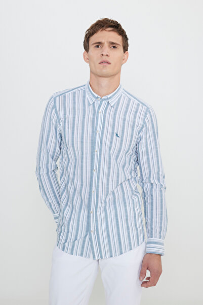 ALTINYILDIZ CLASSICS Men's Ecru-Green Slim Fit Slim Fit 100% Cotton Hidden Button Lapel Stripe Shirt