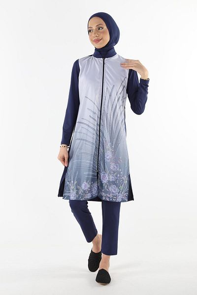 Plistre 2158_patterned Zippered Parachute Fabric Full Covered 4-Piece Hijab Swimsuit