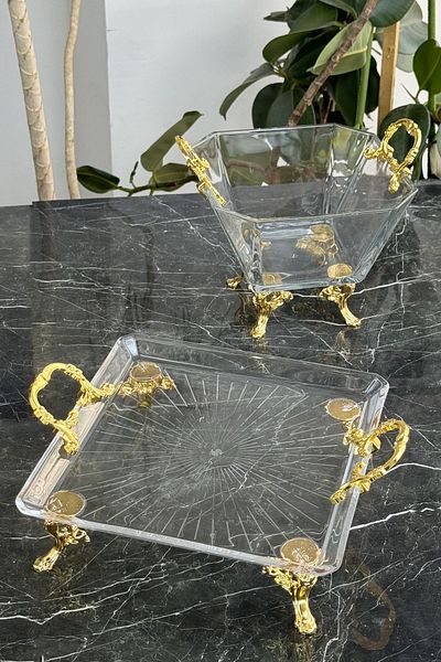 MAY HOME طقم تقديم زجاجي مكون من قطعتين - طبق المعجنات والبسكويت والفواكه والمعكرونة