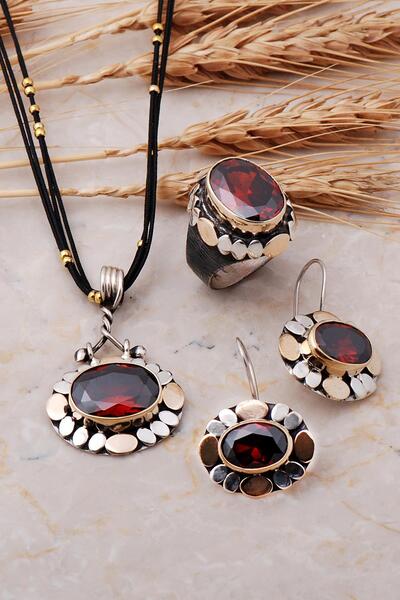 Sümer Telkari Pullu Elişi Granat Taşlı Gümüş Set 1264