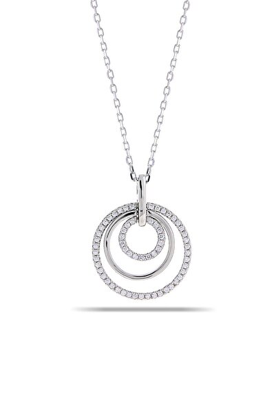 Sümer Telkari Taşlı Halka Model Rodyumlu Tasarım Gümüş Kolye 7283