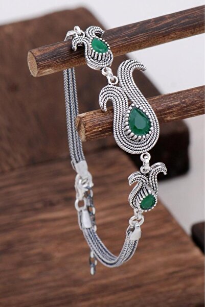 Sümer Telkari Kök Zümrüt Taşlı Tasarım Telkari Gümüş Bileklik 3131