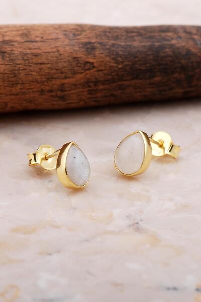 Sümer Telkari Doğal Ay Taşlı Damla Mini Altın Yaldızlı Gümüş Küpe 5820