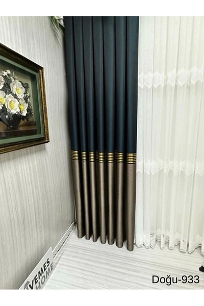 NİVEMESHOME Nivemeshome Eastern Emerald Green - Gold Ft671536 V-933 1/3 Close Pleated Background Curtain Apm