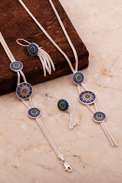 Sümer Telkari Anadolu Motifli Mineli Hasır Elişi Tasarım Gümüş Set 2677