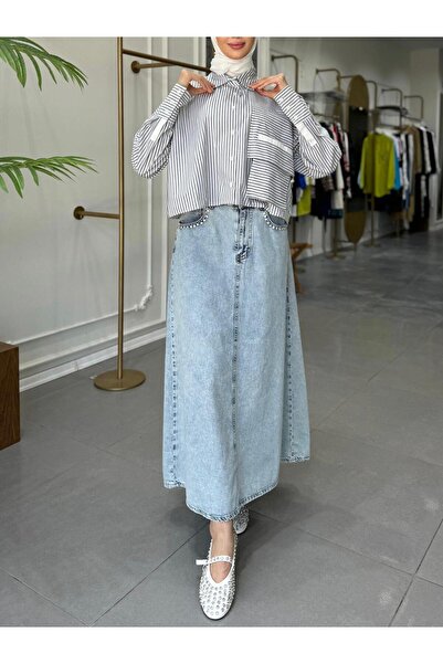 qooq ÇİZGİ CROP GÖMLEK