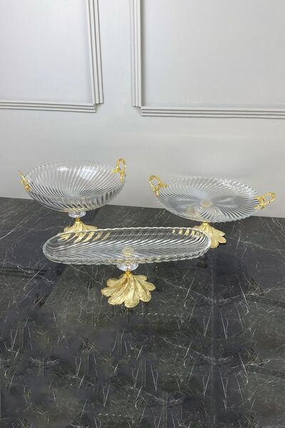 MAY HOME Santa Gold Kand Ayaklı Kulplu Cam Sunumluk Sofra Seti Kase Tabak Ova...