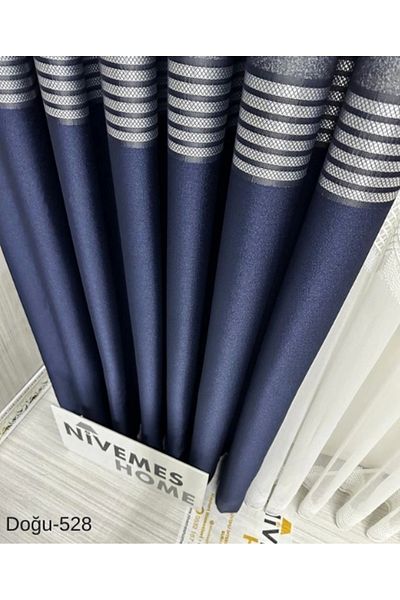 NİVEMESHOME Nivemeshome Eastern Navy Blue - Gold Ft671536 V-528 1/3 Frequent Pleated Background Curtain Apm