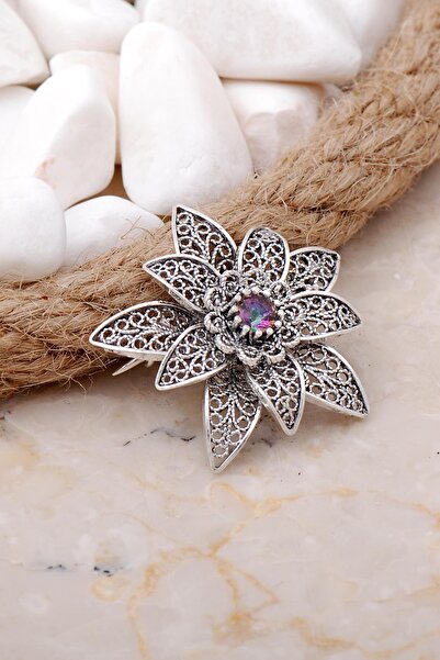 Sümer Telkari Mistik Topaz Taşlı Lotus Telkari Elişi Gümüş Broş 352