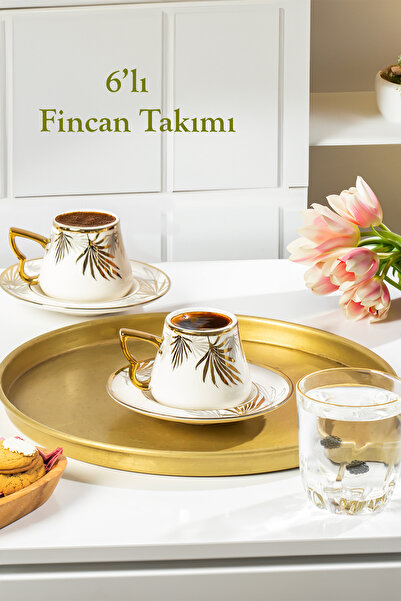 Porsima Seren Altın Yaldızlı 6 Kişilik Fincan Seti 12 Parça Türk Kahvesi Takı...
